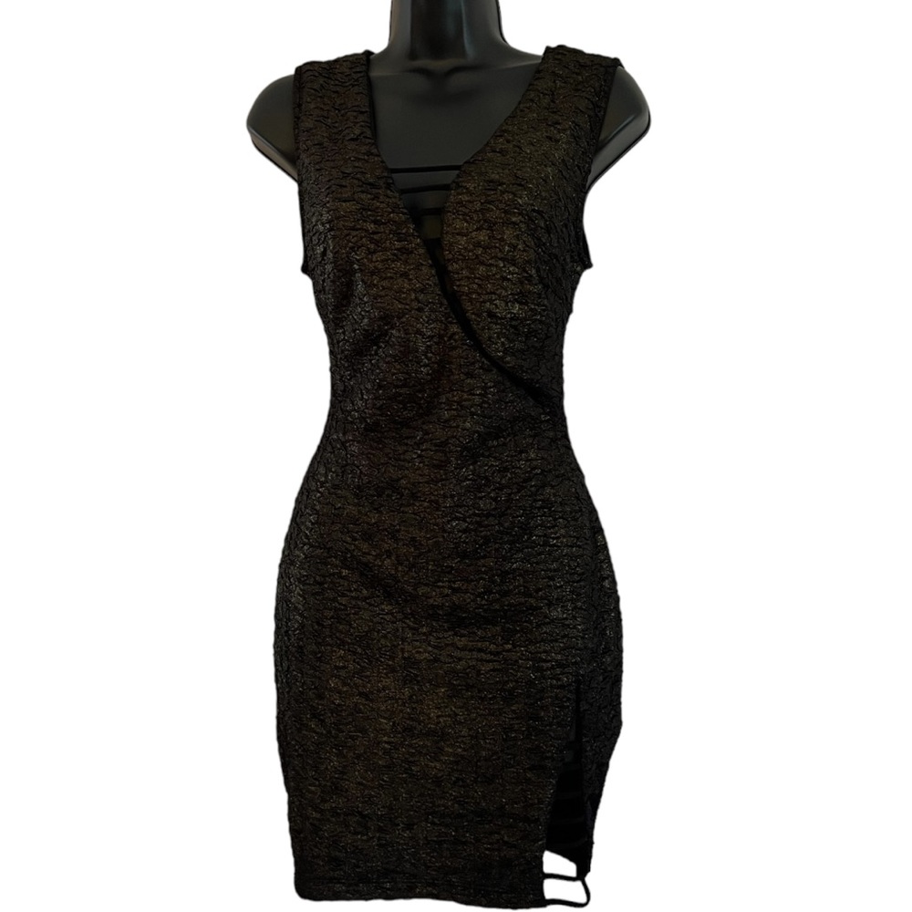 Sleeveless | Mini Dress | cut-outs | Gold Foil design | size Large - Picture 2 of 5